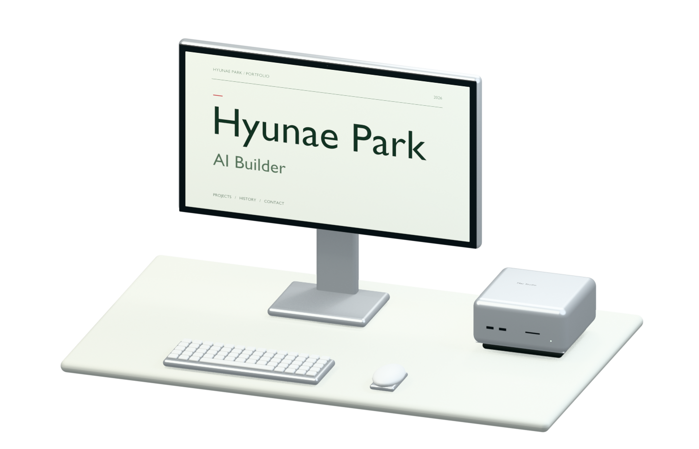 Mac Studio와 모니터. 화면에 Hyunae Park, AI Builder가 표시되어 있습니다.